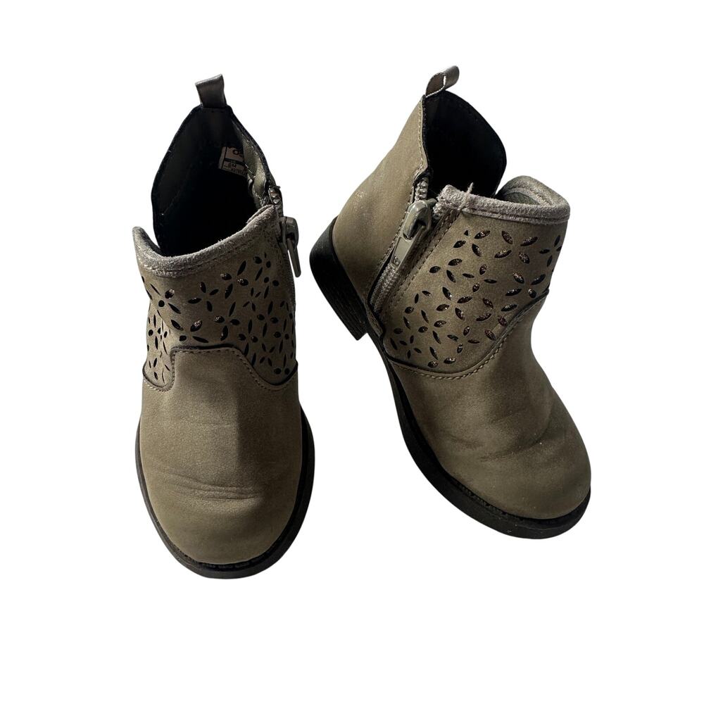 OshKosh B’gosh Estelle Toddler Booties Size 6M Taupe Floral Cutout Glitter Boots